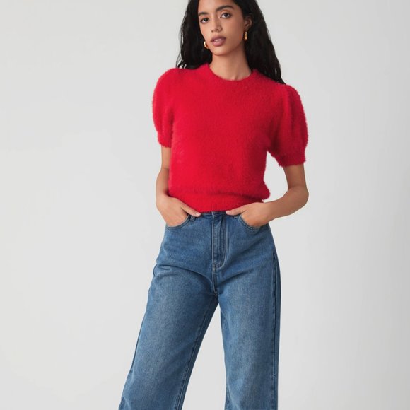 RED Round Neck Knitted Short Sleeve Top - L - Picture 3 of 3